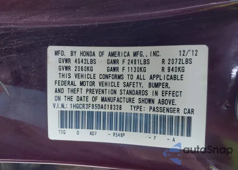 2013 Honda Accord Ex-L V-6 z USA, uszkodzony, nr VIN 1HGCR3F85DA019338